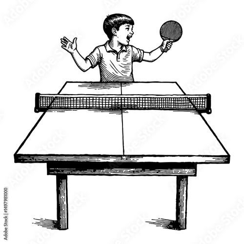 Enthusiastic Little Boy Playing Ping Pong with Racket and Table Black and White Outline Line Art Drawing Illustration