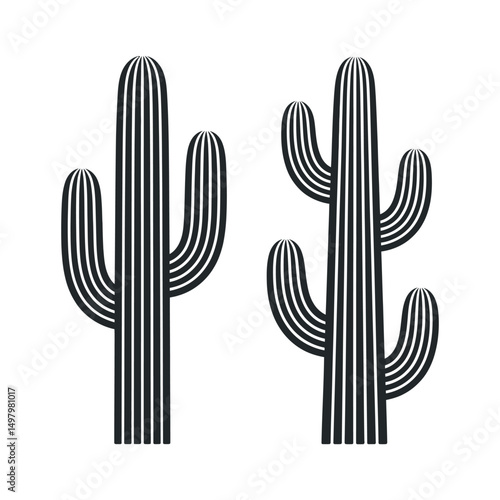 Two stylized cactus illustrations in black and white minimalist design perfect for textile prints logos and home decor