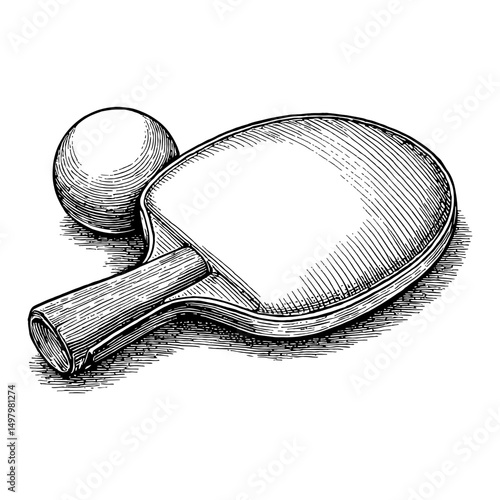 Classic Ping Pong Ball and Racket Set Black and White Outline Line Art Drawing Sport Game Equipment