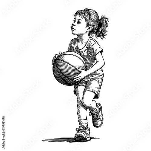 Little girl holding a basketball looking up in a Black and White Outline Line Art Drawing style