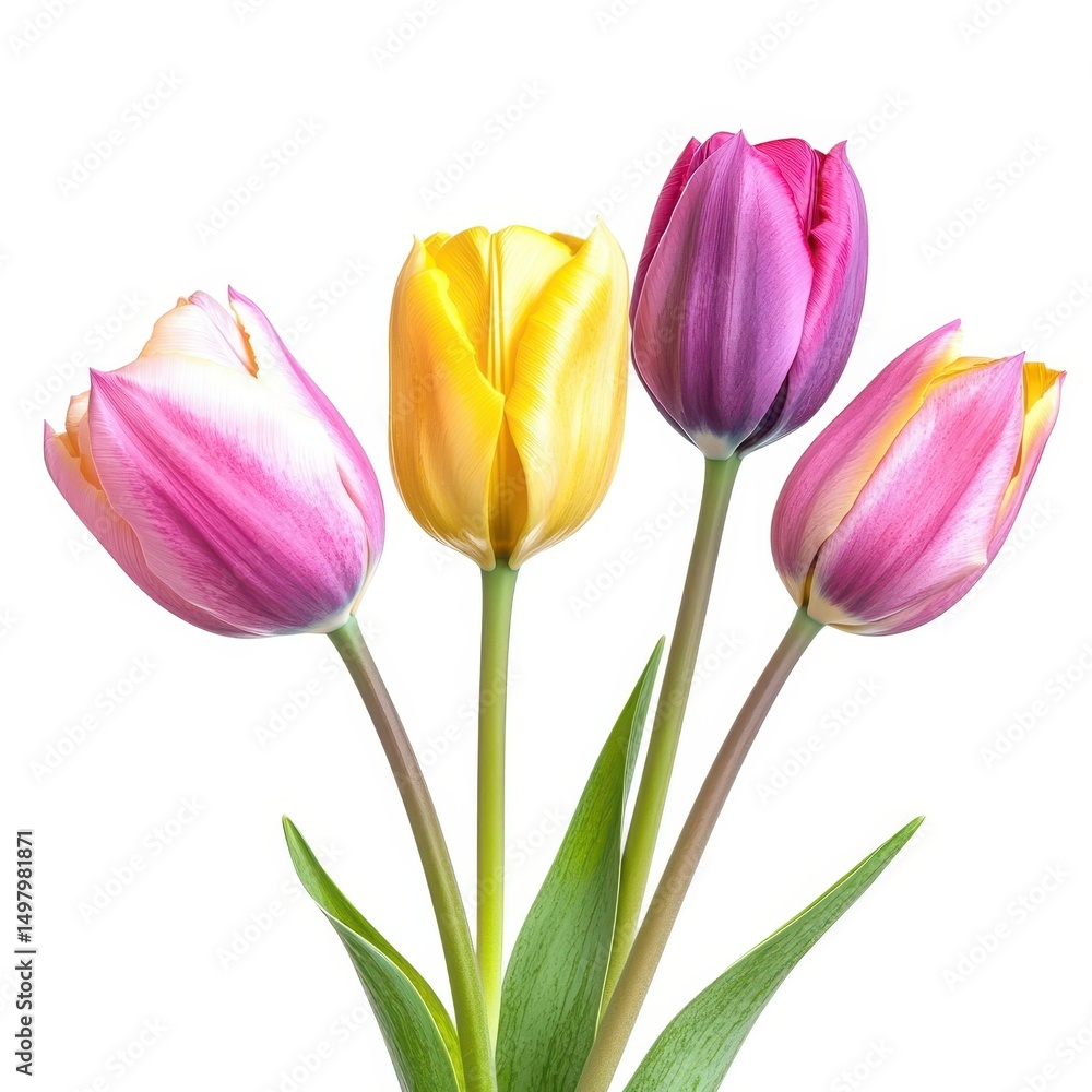 Three colorful tulips spring bouquet isolated on white background Three colorful tulips spring bouquet isolated on white background