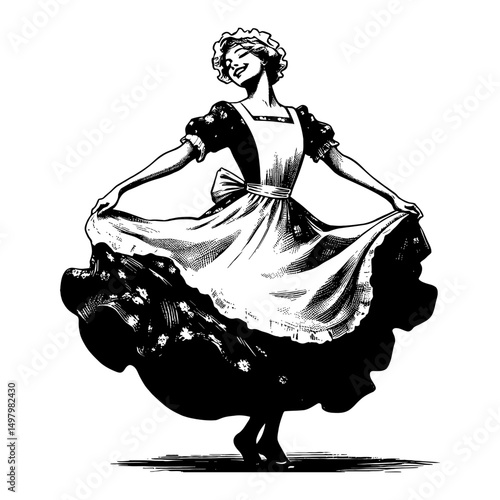Woman with Vintage Dress Dancing Black and White Outline Line Art Drawing Retro Style Elegant