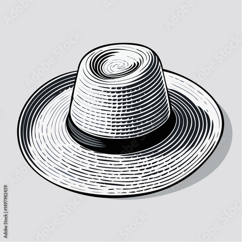 Ícone de chapéu de palha em preto e branco estilo gravura