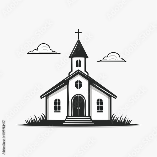 Ícone minimalista de igreja em preto e branco com torre