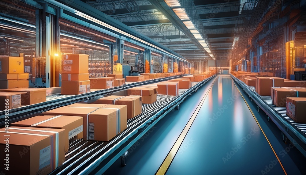 Fototapeta premium smart warehouse conveyor system background with automated package processing
