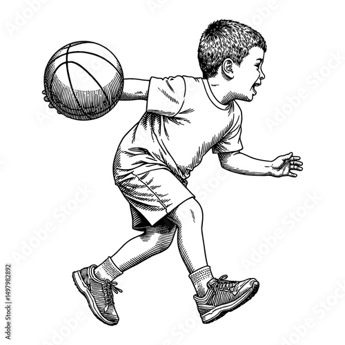 Young Boy Playing Basketball Dribbling Ball Action Pose Black and White Outline Line Art Drawing