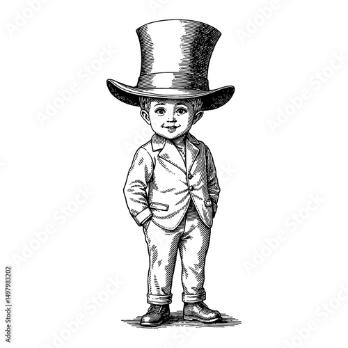 Little Boy with Giant Top Hat in Classic Vintage Style Standing Black and White Outline Line Art Drawing