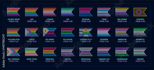 Pride flags complete set, coloful neon ribbon bookmark icon shape. Queer pride month flags, original flags, sexual orientation, gender expression and identity complete collection.