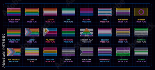 Pride flags complete set, coloful neon visuals. Queer pride month flags, original flags, sexual orientation, gender expression and identity complete collection.