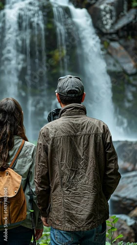 Wallpaper Mural Selective focus. Couple of travelers enjoying breathtaking waterfall view Torontodigital.ca