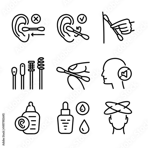 Personal hygiene routine and care. Removing cerumen, otitis treatment with medical drops. Ear canal cleaning icons set. Human ears with cotton swab. Hearing protection. Vector illustration.