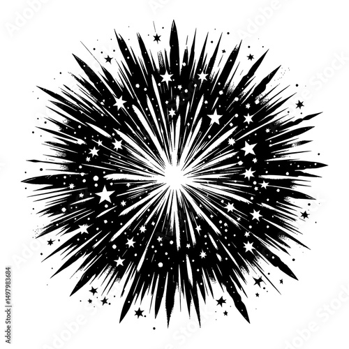 Vibrant Firework Explosion with Bursting Stars Dynamic Celebration Black and White Outline Line Art Drawing