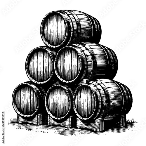 Stack of Wooden Barrels Pyramid Shape Black and White Outline Line Art Drawing Vintage Style