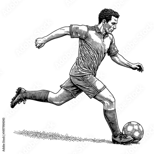 A Man Playing Soccer Kicking Ball Action Sports Player Black and White Outline Line Art Drawing