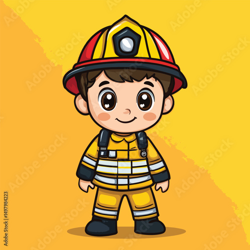 Cartoon Firefighter Boy with Brown Hair and Red and Yellow Helmet