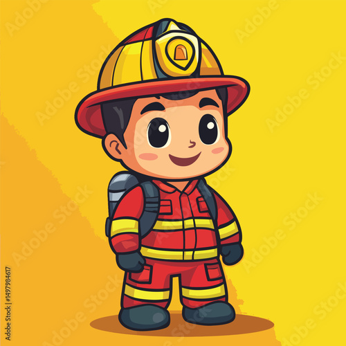 Cartoon Firefighter Boy with Yellow Helmet and Red Uniform Ready for Action