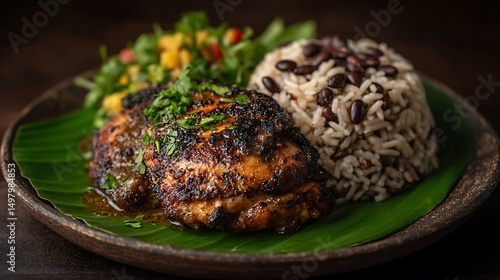 Savory Jamaican jerk chicken with rice and peas