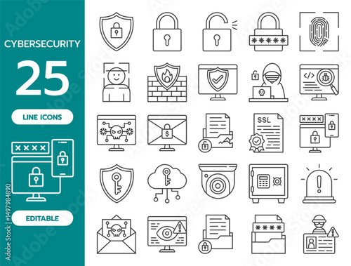 Cybersecurity Line Icon Set. Includes 25 editable vector icons such as shield, lock, password, hacker, virus, firewall, encrypted file, and and more.