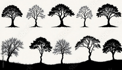 a collection of elegant tree silhouettes, each one a testament to nature's enduring power, transformed into a mesmerizing art masterpiece
