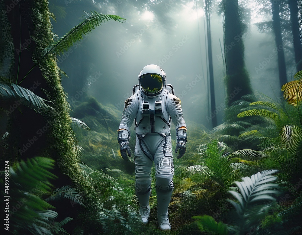 astronaut exploring lush forest in futuristic suit on misty day astronaut exploring lush forest in futuristic suit on misty day