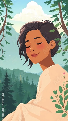 Happy mind meditation,  woman meditating in nature illustration peaceful mindful relaxation wellness art