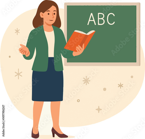Female teacher near school board. Character constructor for animation. Front, side and back view set. Body parts, postures, poses collection. Vector illustration