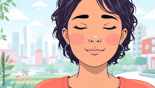 Happy mind meditation,  woman meditating outdoors illustration for mindfulness and mental health awareness art