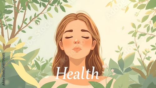 Happy mind meditation,  woman meditating in nature for mental health and wellness lifestyle concept art