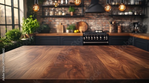 A photograph of a polished walnut tabletop, rich tones, top-down angle, blurred industrial kitchen with concrete countertops, black metal fixtures, and warm hanging Edison bulbs. Sophisticated,