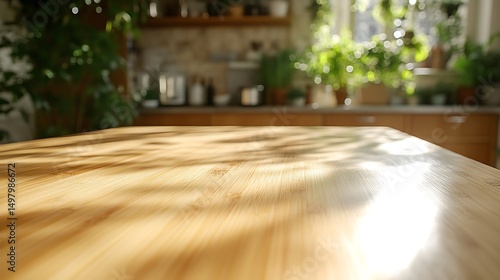 A photograph of a raw bamboo tabletop, pale and smooth, angled view, blurred eco-modern kitchen with recycled materials, indoor plants, and natural light. Eco-conscious mood, fresh atmosphere.