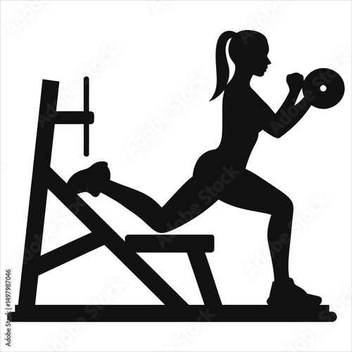 Woman Performing Leg Press Exercise Vector Silhouette/A black silhouette of a woman performing a leg press exercise on a weight machine.