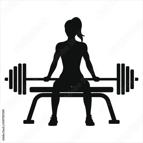 Strong female athlete performing a barbell bench press vector silhouette./A powerful silhouette of a woman performing a barbell bench press exercise.