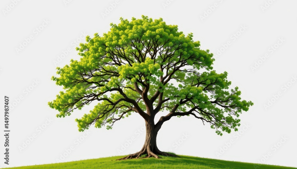Obraz premium a verdant tree, its branches reaching for the sun, stood majestically on a pure white canvas, its vibrant foliage a stark contrast against the pristine backdrop.