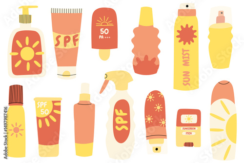 Set of sun protection skincare products.Illustration of SPF creams, lotions, sprays and sunscreen bottles. Concept of healthy skin, beach vacation, outdoor activities and sun safety.