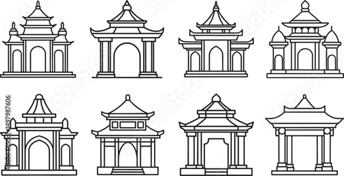 set of temple gate line art, black outline, vector and illustration, coloring book page line art drawing