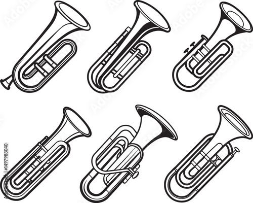 set of euphonium line art, black outline, vector and illustration, coloring book page line art drawing