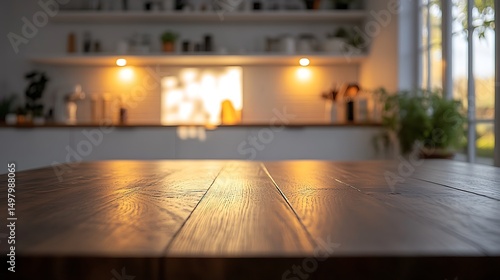 A photograph of a smooth dark oak tabletop, elegant surface, angled view, blurred modern white kitchen with floating cabinets, under-cabinet lighting, and soft daylight. Calm, chic vibe.