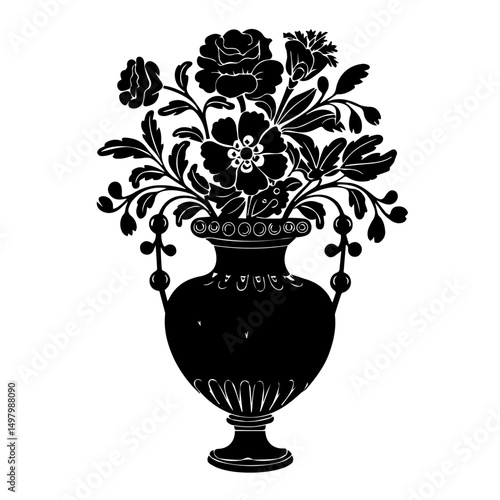 Silhouette illustration of a decorative floral bouquet in an ornate vase, featuring various blooming flowers and foliage, isolated on white background with intricate, vintage-style detailing.
