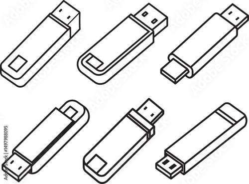 set of usb flash drive line art, black outline, vector and illustration, coloring book page line art drawing