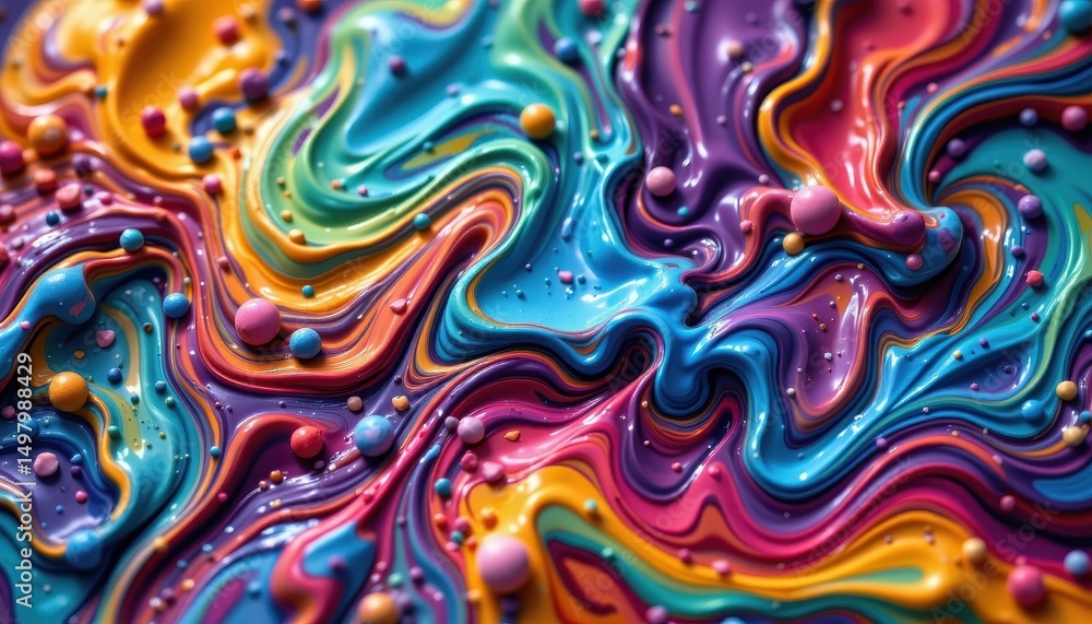 Fototapeta premium a mesmerizing dance of vibrant liquids, captured in a close up shot, revealing an intricate texture of swirling hues and glistening patterns.