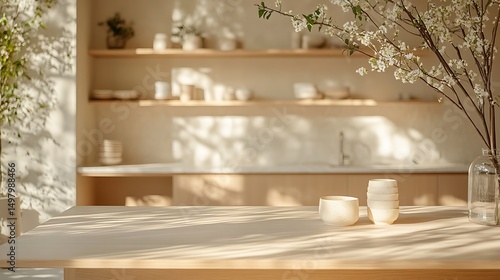 A photograph of a smooth spruce tabletop, pale blonde finish, low angle, blurred minimalist kitchen with white marble countertops, open shelving, and diffused natural light. Bright, soft atmosphere.