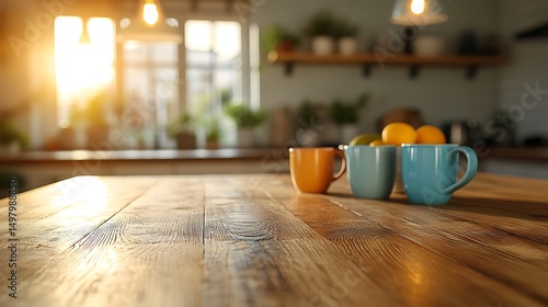 A photograph of a warm oak wooden tabletop, smooth finish, eye-level angle, blurred family kitchen with colorful mugs, fruit bowl, and soft pendant lighting, creating a cozy, lived-in atmosphere.