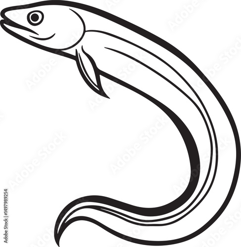 eel fish line art, black outline, vector and illustration, coloring book page line art drawing