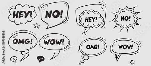 Comic boom cartoon effect line element set. Comic speech bubble pow, boom text, explosive splash smoke, wow cartoon vector icon. Hand drawn sketch doodle explosive element. Vector illustration. EPS