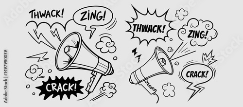 Comic boom cartoon effect line element set. Comic speech bubble pow, boom text, explosive splash smoke, wow cartoon vector icon. Hand drawn sketch doodle explosive element. Vector illustration. EPS