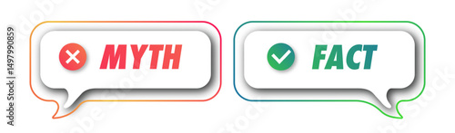 Myth amd fact sticker template 3d trendy style isolated on white background. Fact checking or easy compare evidence vector 10 eps