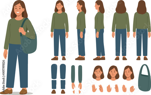 Teenage girl character with shopper bag. Constructor for animation. Front, side and back view set. Body parts, postures, poses collection. Vector illustration.