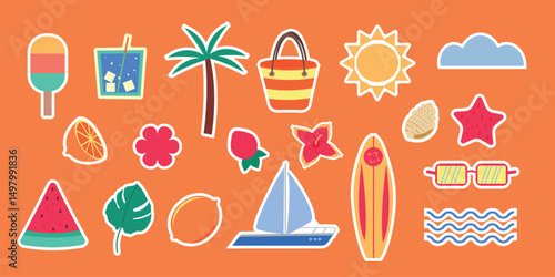 Summer vacation sticker set. Season collection. Sun, tout, watermelon, boat, sardines, cloud, citrus, glasses, palm, flower, ice cream, seashell, slingback, drink. Vector illustration