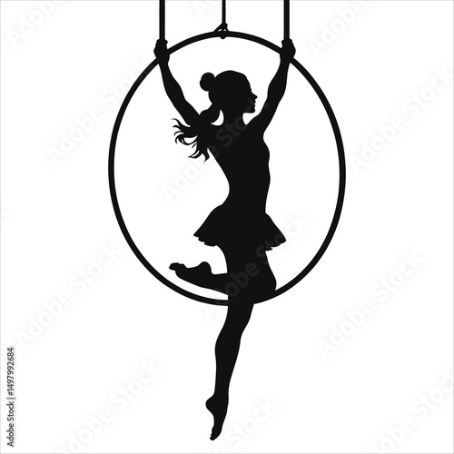 Vector Silhouette of a Woman Performing Aerial Hoop/A captivating silhouette of a woman gracefully performing aerial hoop.