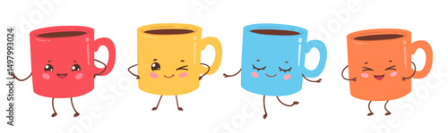 Vector illustration of cute coffee mugs with smiling expressions. Funny isolated drink characters.